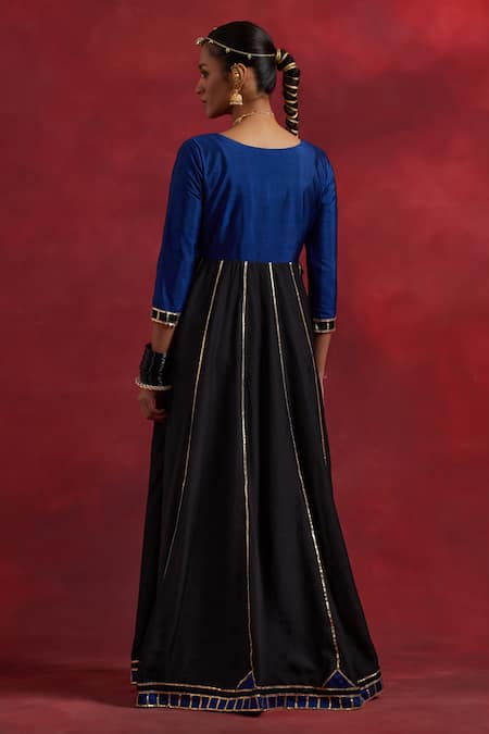 Shop The Indian Cause Blue Chanderi, Silk Gota Patti Round Neck Ghoomar Placed Work Anarkali at Aza Fashions Shop_The Indian Cause_Blue Chanderi, Silk Gota Patti Round Neck Ghoomar Placed Work Anarkali_at_Aza_Fashions
