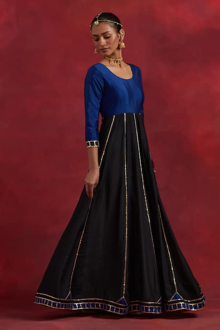 The Indian Cause Blue Chanderi, Silk Gota Patti Round Neck Ghoomar Placed Work Anarkali Online at Aza Fashions The Indian Cause_Blue Chanderi, Silk Gota Patti Round Neck Ghoomar Placed Work Anarkali_Online_at_Aza_Fashions