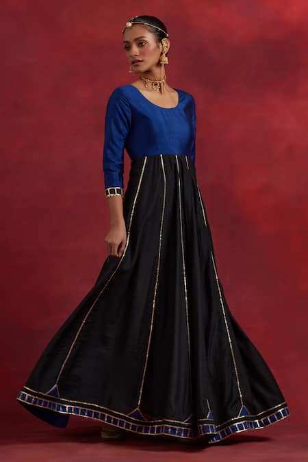 Buy The Indian Cause Blue Chanderi, Silk Gota Patti Round Neck Ghoomar Placed Work Anarkali Online at Aza Fashions Buy_The Indian Cause_Blue Chanderi, Silk Gota Patti Round Neck Ghoomar Placed Work Anarkali_Online_at_Aza_Fashions