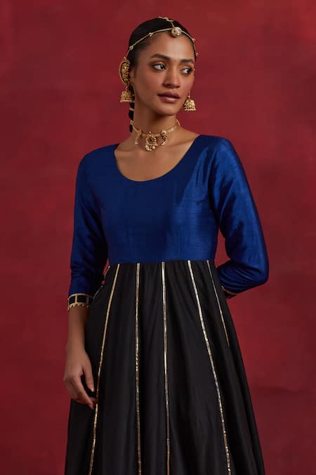 Shop The Indian Cause Blue Chanderi, Silk Gota Patti Round Neck Ghoomar Placed Work Anarkali Online at Aza Fashions Shop_The Indian Cause_Blue Chanderi, Silk Gota Patti Round Neck Ghoomar Placed Work Anarkali_Online_at_Aza_Fashions