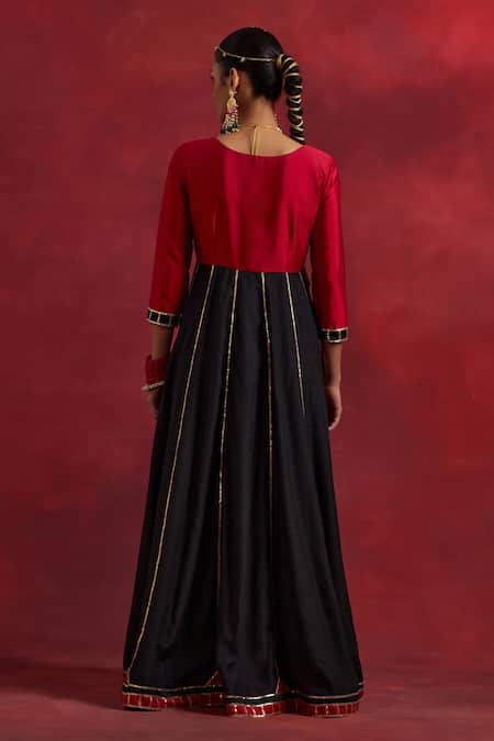 Shop The Indian Cause Red Chanderi, Silk Gota Patti Round Ghoomar Colour Block Anarkali With Dupatta at Aza Fashions Shop_The Indian Cause_Red Chanderi, Silk Gota Patti Round Ghoomar Colour Block Anarkali With Dupatta_at_Aza_Fashions