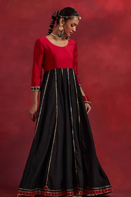 Buy The Indian Cause Red Chanderi, Silk Gota Patti Round Ghoomar Colour Block Anarkali With Dupatta Online at Aza Fashions Buy_The Indian Cause_Red Chanderi, Silk Gota Patti Round Ghoomar Colour Block Anarkali With Dupatta_Online_at_Aza_Fashions