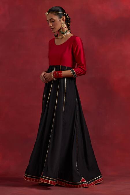 Shop The Indian Cause Red Chanderi, Silk Gota Patti Round Ghoomar Colour Block Anarkali With Dupatta Online at Aza Fashions Shop_The Indian Cause_Red Chanderi, Silk Gota Patti Round Ghoomar Colour Block Anarkali With Dupatta_Online_at_Aza_Fashions