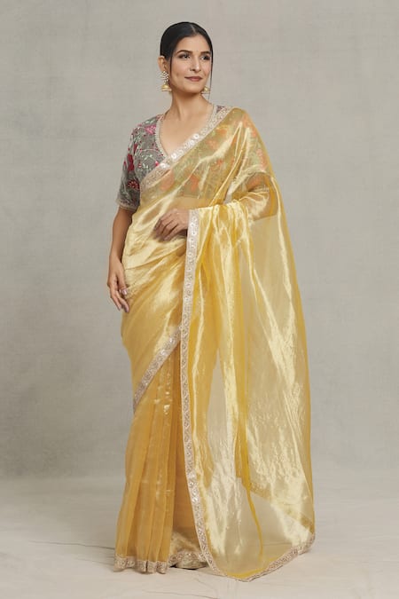 Pranay Baidya Gold Tissue Embellished Sequin And Zari Lace Work Bordered Saree  