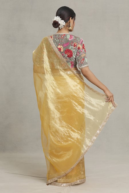 Shop_Pranay Baidya_Gold Tissue Sequins, Zari Embellished Bordered Saree _at_Aza_Fashions