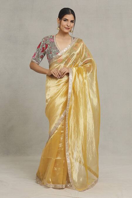 Pranay Baidya_Gold Tissue Sequins, Zari Embellished Bordered Saree _Online_at_Aza_Fashions