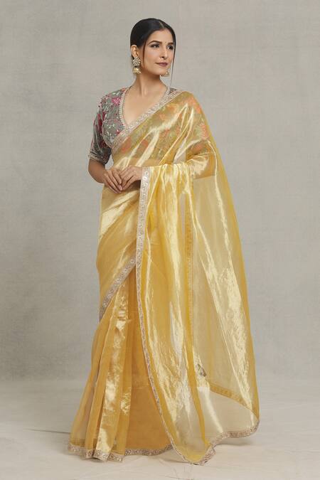 Buy_Pranay Baidya_Gold Tissue Sequins, Zari Embellished Bordered Saree _Online_at_Aza_Fashions