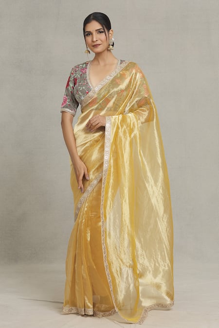 Shop_Pranay Baidya_Gold Tissue Sequins, Zari Embellished Bordered Saree _Online_at_Aza_Fashions