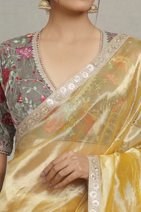 Pranay Baidya_Gold Tissue Sequins, Zari Embellished Bordered Saree _at_Aza_Fashions