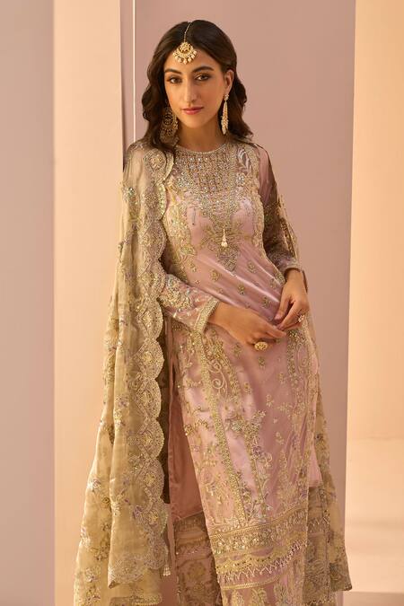 Shop Lashkaraa Pink Net, Satin Beads, Sequins, Zari Round Neck Embroidered Kurta Pant Set Online at Aza Fashions Shop_Lashkaraa_Pink Net, Satin Beads, Sequins, Zari Round Neck Embroidered Kurta Pant Set _Online_at_Aza_Fashions