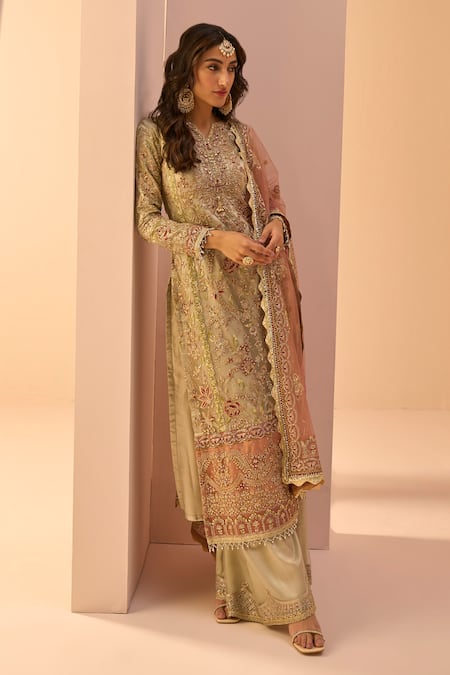 Shop_Lashkaraa_Green Net, Satin Beads, Embroidery, Sequins, Zari Floral Kurta Palazzo Set _Online_at_Aza_Fashions