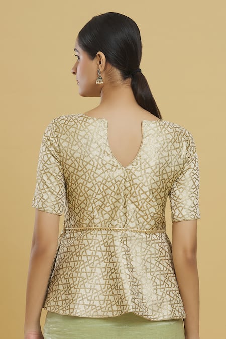 Shop_Samyukta Singhania_Beige Embroidery Round Neck Geometric Woven Peplum Blouse _at_Aza_Fashions