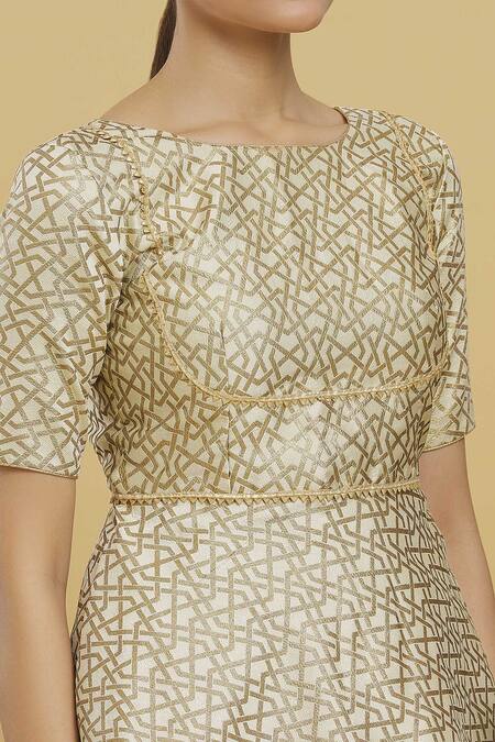 Shop_Samyukta Singhania_Beige Embroidery Round Neck Geometric Woven Peplum Blouse _Online_at_Aza_Fashions