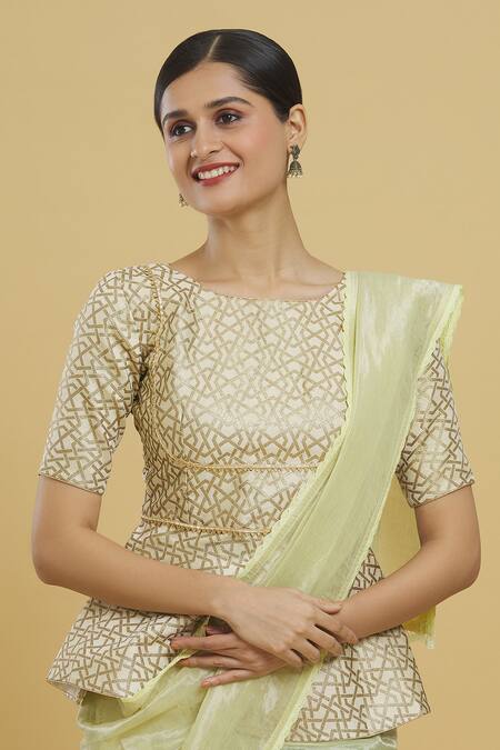 Samyukta Singhania_Beige Embroidery Round Neck Geometric Woven Peplum Blouse _at_Aza_Fashions