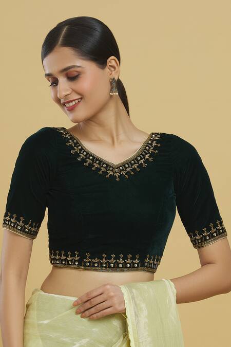 Samyukta Singhania_Green Velvet, Linen Sequins, Zari V-neck Embroidered Blouse_Online_at_Aza_Fashions