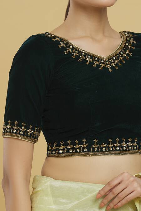 Buy_Samyukta Singhania_Green Velvet, Linen Sequins, Zari V-neck Embroidered Blouse_Online_at_Aza_Fashions