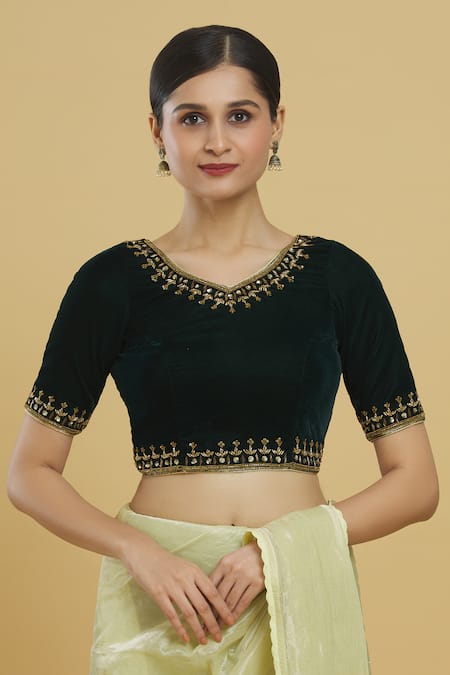 Shop_Samyukta Singhania_Green Velvet, Linen Sequins, Zari V-neck Embroidered Blouse_Online_at_Aza_Fashions