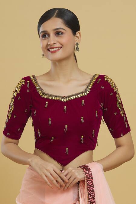 Buy_Samyukta Singhania_Magenta Velvet, Linen Beads, Mirrors V-neck Embroidered Blouse_Online_at_Aza_Fashions