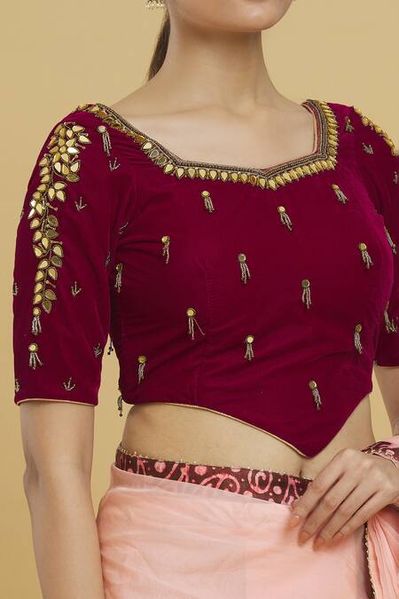 Shop_Samyukta Singhania_Magenta Velvet, Linen Beads, Mirrors V-neck Embroidered Blouse_Online_at_Aza_Fashions
