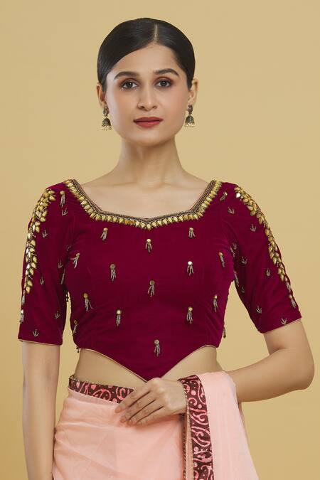 Samyukta Singhania_Magenta Velvet, Linen Beads, Mirrors V-neck Embroidered Blouse_at_Aza_Fashions