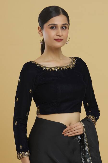 Samyukta Singhania_Blue Velvet, Linen Beads, Mirrors Round Neck Embroidered Blouse_Online_at_Aza_Fashions