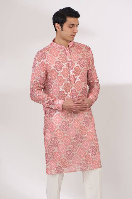 Buy_Rabani & Rakha_Pink Georgette, Cotton, Silk Sequins, Embroidery Bandhani Print Kurta And Pant Set _Online_at_Aza_Fashions