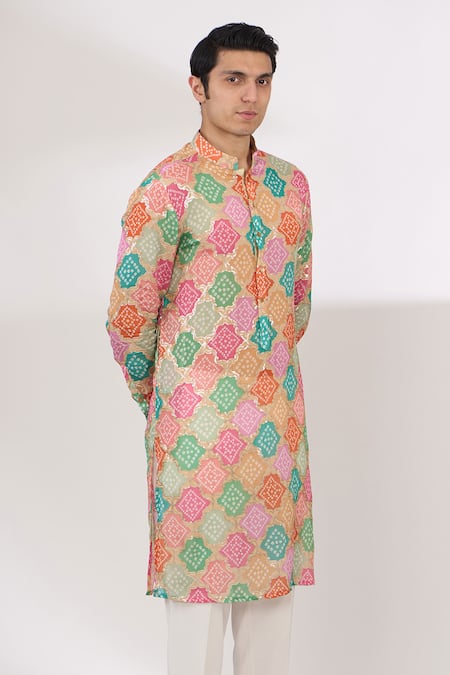 Buy_Rabani & Rakha_Multi Color Georgette, Cotton Satin, Cotton, Silk Bandhani Kurta And Pant Set _Online_at_Aza_Fashions