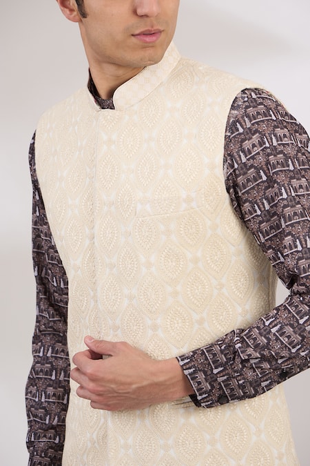 Buy_Rabani & Rakha_Ivory Crepe, Georgette Sequins, Embroidery Bundi Jacket _Online_at_Aza_Fashions