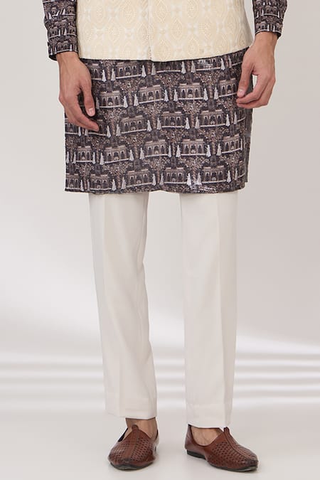 Rabani & Rakha_Ivory Georgette, Crepe Embroidery, Abstract Printed Kurta Set With Bundi Jacket _Online_at_Aza_Fashions