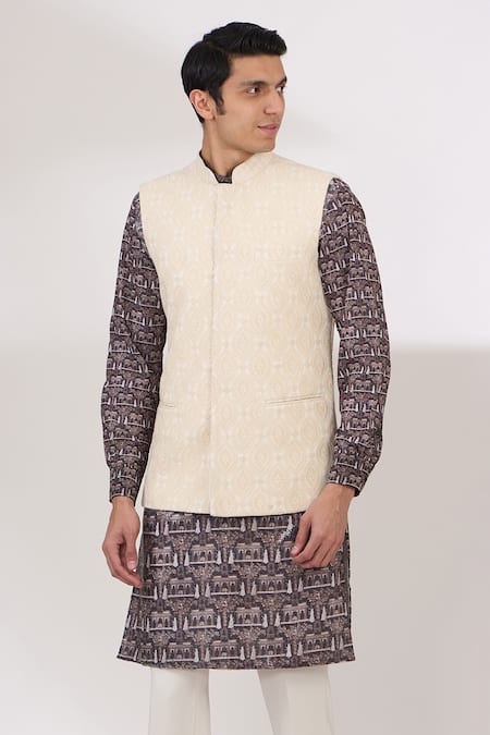 Buy_Rabani & Rakha_Ivory Georgette, Crepe Embroidery, Abstract Printed Kurta Set With Bundi Jacket _Online_at_Aza_Fashions
