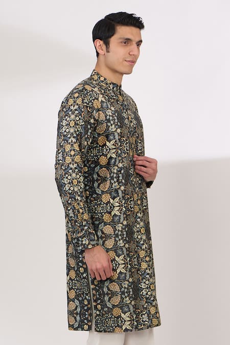 Buy_Rabani & Rakha_Black Georgette, Cotton, Silk Embroidery Floral Pattern Kurta And Pant Set _Online_at_Aza_Fashions