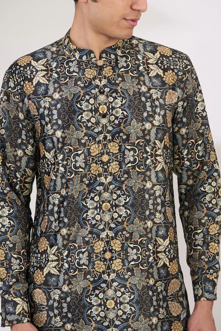 Shop_Rabani & Rakha_Black Georgette, Cotton, Silk Embroidery Floral Pattern Kurta And Pant Set _Online_at_Aza_Fashions