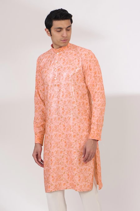 Buy_Rabani & Rakha_Peach Satin, Georgette, Cotton, Silk Embroidery, Floral Print Kurta And Pant Set _Online_at_Aza_Fashions