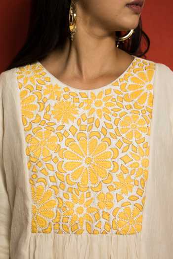 Shop Mithi Supari Ivory Malai Chanderi Embroidered Floral Applique Gathered Work Kurta And Pant Set Online at Aza Fashions Shop_Mithi Supari_Ivory Malai Chanderi Embroidered Floral Applique Gathered Work Kurta And Pant Set _Online_at_Aza_Fashions