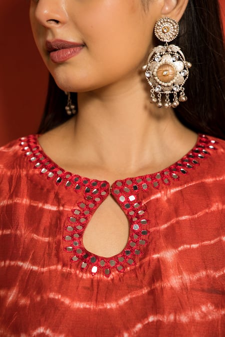 Shop_Mithi Supari_Red Pure Silk Chanderi Embroidered Tie Dye Keyhole Kurta And Pant Set _Online_at_Aza_Fashions