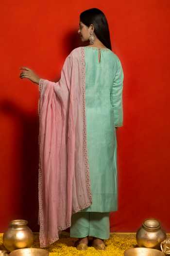 Shop Mithi Supari Blue Pure Malai Chanderi Embellished Zari Round Kurta Set at Aza Fashions Shop_Mithi Supari_Blue Pure Malai Chanderi Embellished Zari Round Kurta Set _at_Aza_Fashions