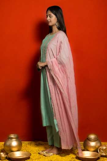 Buy Mithi Supari Blue Pure Malai Chanderi Embellished Zari Round Kurta Set Online at Aza Fashions Buy_Mithi Supari_Blue Pure Malai Chanderi Embellished Zari Round Kurta Set _Online_at_Aza_Fashions