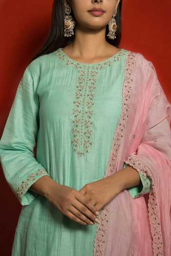 Mithi Supari Blue Pure Malai Chanderi Embellished Zari Round Kurta Set at Aza Fashions Mithi Supari_Blue Pure Malai Chanderi Embellished Zari Round Kurta Set _at_Aza_Fashions