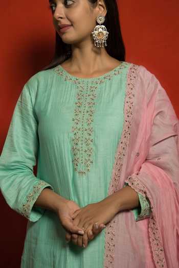 Buy Mithi Supari Blue Pure Malai Chanderi Embellished Zari Round Kurta Set Buy_Mithi Supari_Blue Pure Malai Chanderi Embellished Zari Round Kurta Set