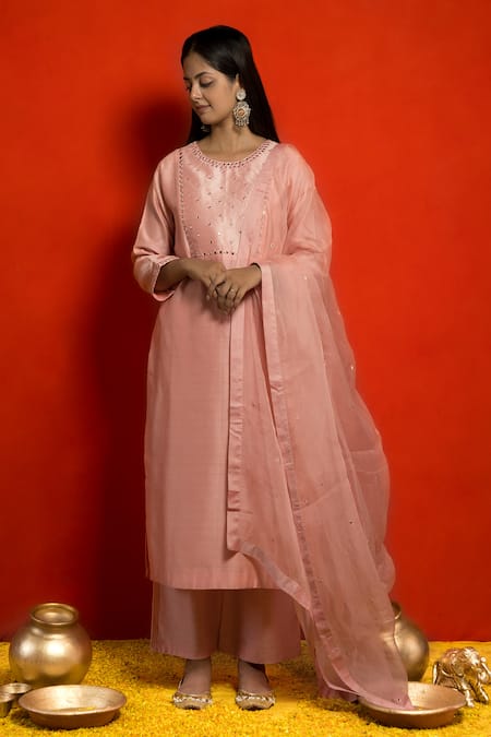 Mithi Supari Silk Chanderi Mirror Embellished Kurta Set 