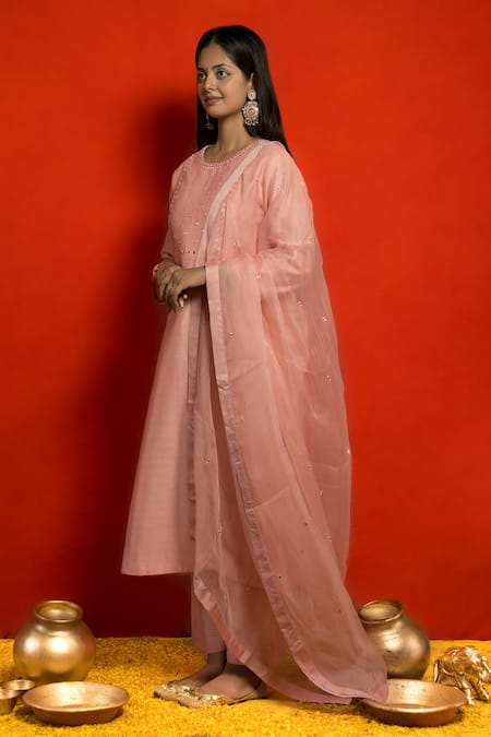 Buy_Mithi Supari_Pink Pure Silk Chanderi Embellished Mirror Round Kurta Set _Online_at_Aza_Fashions