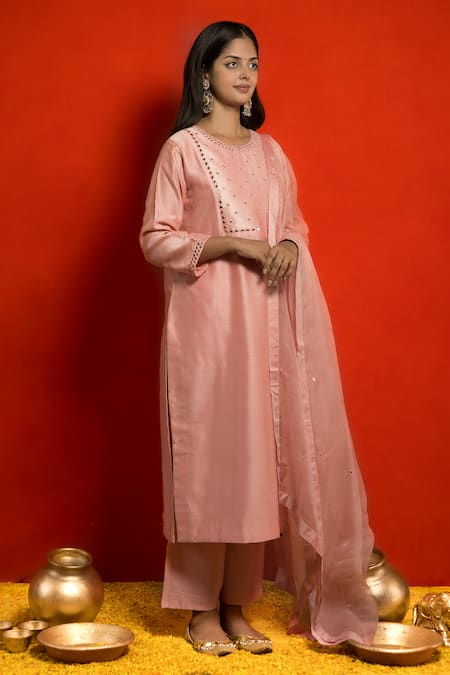 Shop_Mithi Supari_Pink Pure Silk Chanderi Embellished Mirror Round Kurta Set _Online_at_Aza_Fashions