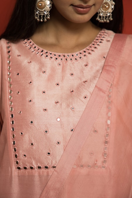 Mithi Supari_Pink Pure Silk Chanderi Embellished Mirror Round Kurta Set _at_Aza_Fashions
