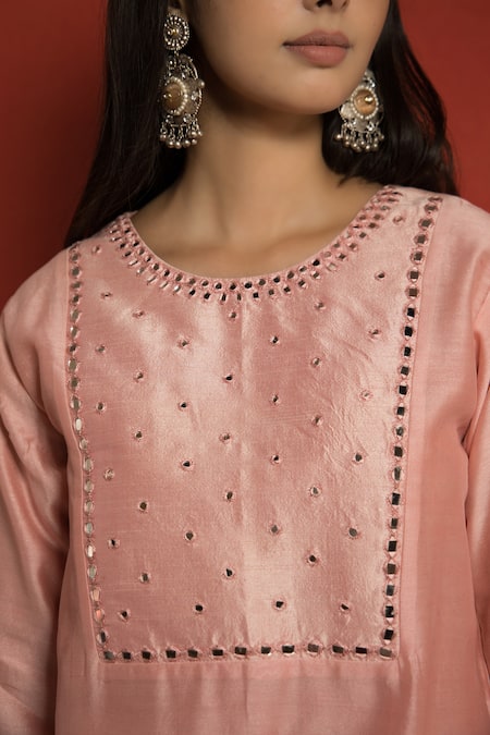 Shop_Mithi Supari_Pink Pure Silk Chanderi Embellished Mirror Round Kurta Set 