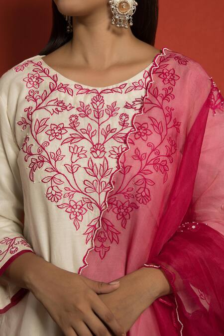 Shop Mithi Supari Ivory Pure Silk Chanderi Embroidered Resham Round Kurta Set Online at Aza Fashions Shop_Mithi Supari_Ivory Pure Silk Chanderi Embroidered Resham Round Kurta Set _Online_at_Aza_Fashions