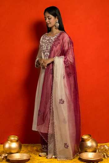 Mithi Supari Ivory Pure Silk Chanderi Embroidered Resham Round Neckline Kurta Set Online at Aza Fashions Mithi Supari_Ivory Pure Silk Chanderi Embroidered Resham Round Neckline Kurta Set _Online_at_Aza_Fashions
