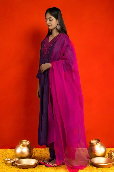Buy_Mithi Supari_Purple Pure Malai Chanderi Embroidered Resham Thread Yoke Panelled Anarkali Set _Online_at_Aza_Fashions