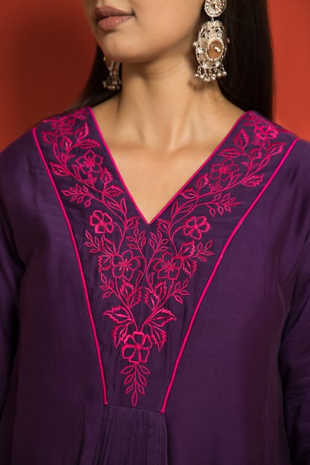 Shop_Mithi Supari_Purple Pure Malai Chanderi Embroidered Resham Thread Yoke Panelled Anarkali Set _Online_at_Aza_Fashions