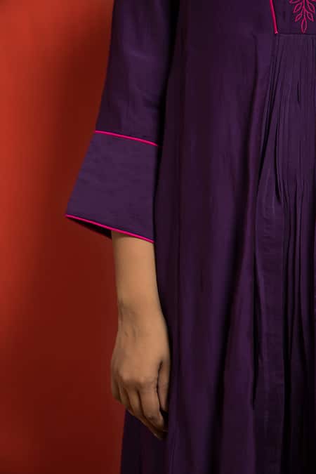 Mithi Supari_Purple Pure Malai Chanderi Embroidered Resham Thread Yoke Panelled Anarkali Set _at_Aza_Fashions