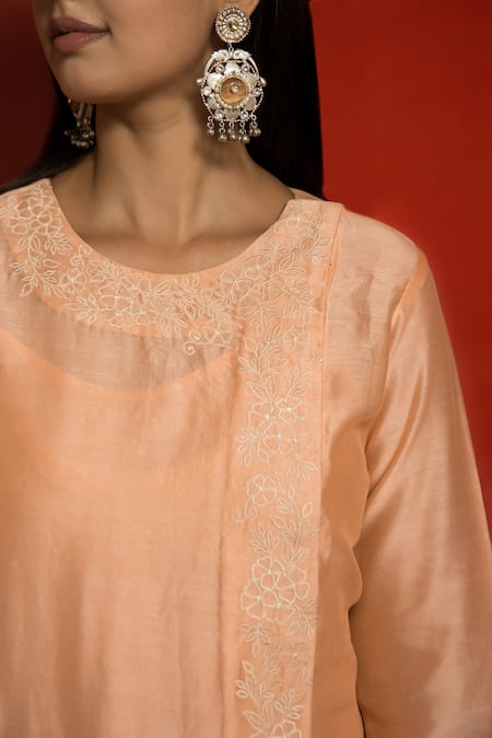Shop_Mithi Supari_Peach Angarkha Silk Chanderi Embroidered Resham Thread Work Round And Pant Set _Online_at_Aza_Fashions